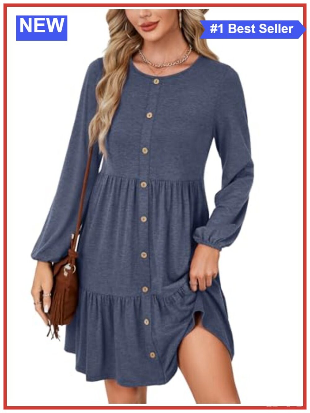 Women's Long Sleeve Tiered A-Line Mini Dress Button Crewneck Casual